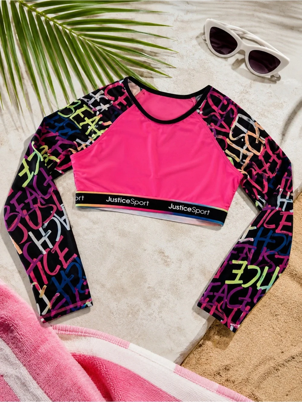 Justice Sport Girls Long Sleeve Cropped Swim Rash Guard / Active Top L